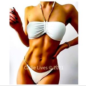 Lg NWT 2Pc Gold Chain Bikini Rib Bandeau Top White Gold Chain Stunner Swimsuit